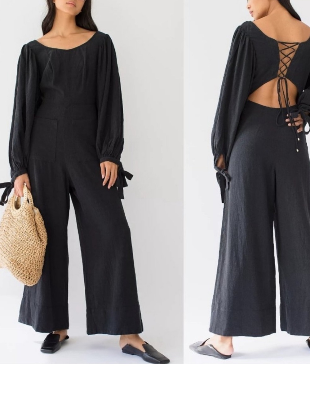 Free People Black Long-Sleeve Lace-Back Wide-Leg Jumpsuit